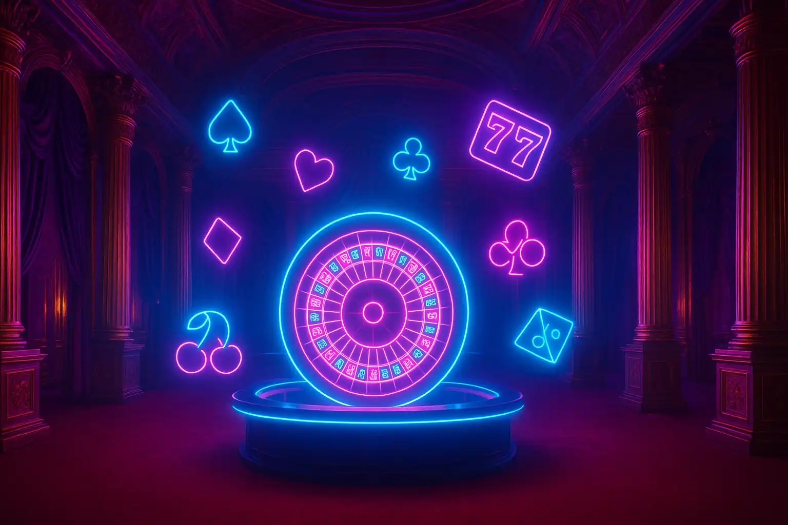 Royal palace hall with neon purple and gold lighting, roulette wheel and slot symbols