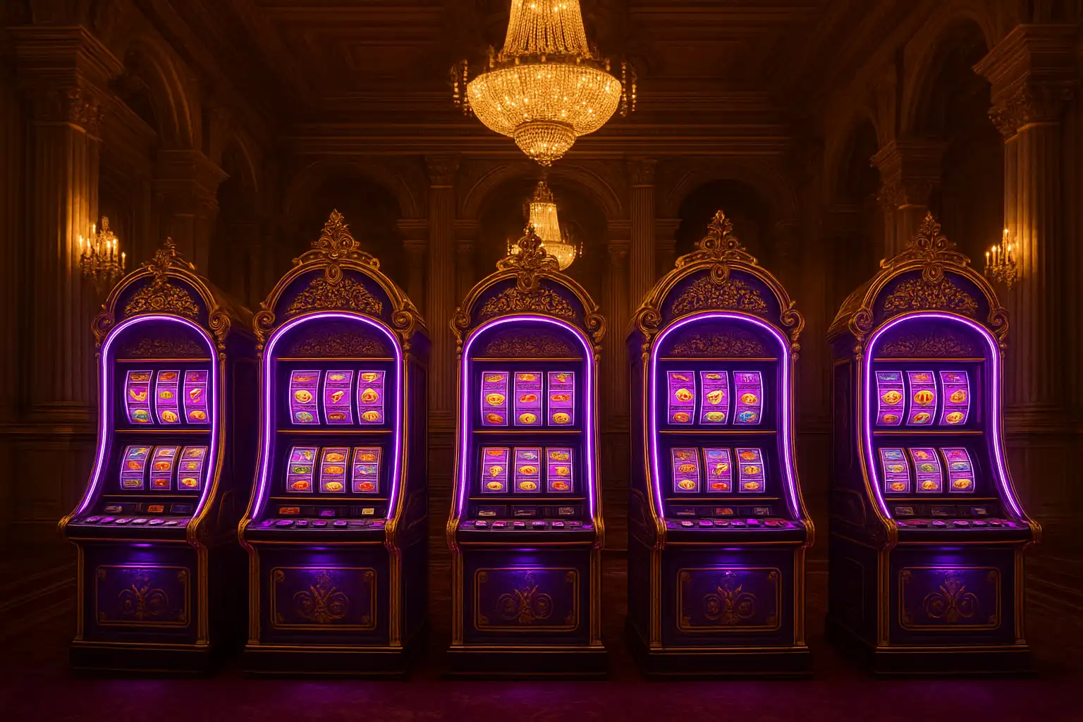 Row of slot machine cabinets glowing with neon purple and gold palace lighting